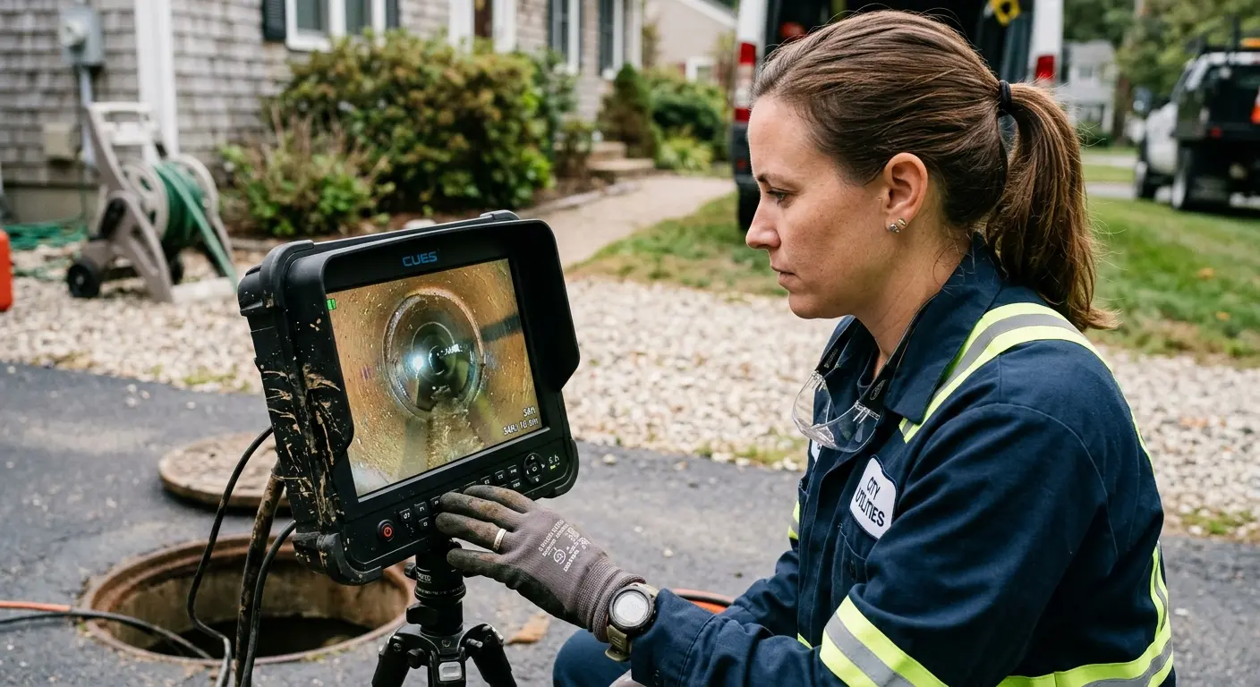 Technician reviewing sewer camera inspection footage in Pike Road