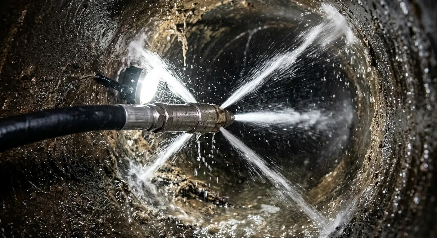 High-pressure hydro jetting nozzle cleaning sewer pipe for Emergency Drain Service in Pike Road