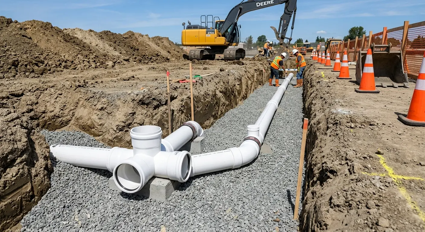 New PVC sewer pipe installation in open trench for Sewer Backup in Pike Road