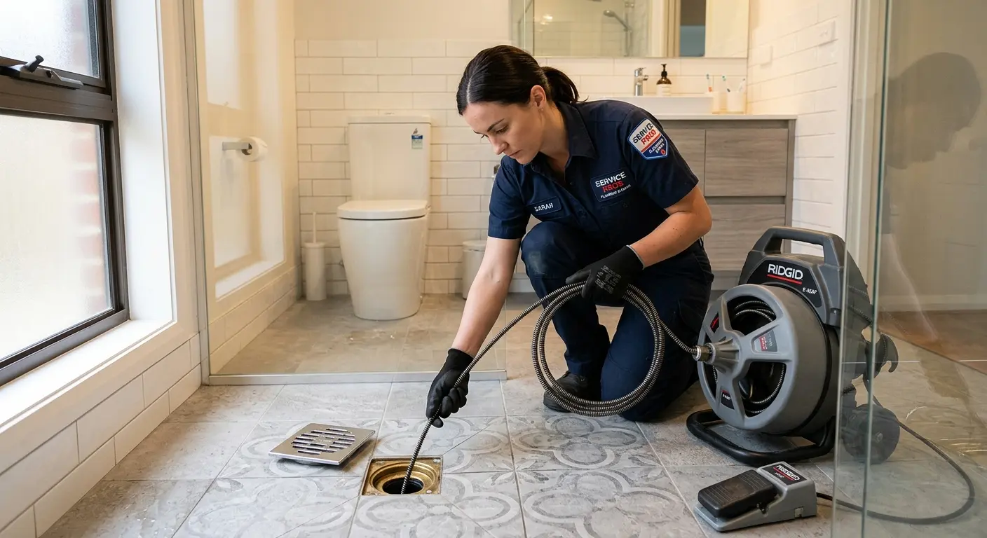 Technician clearing a bathroom floor drain for Hydro Jetting in Pike Road